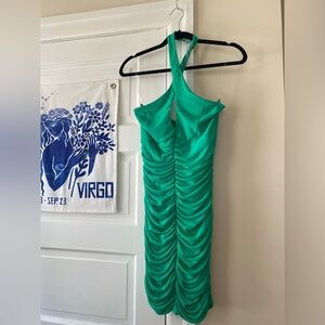 Green ruched bodycon dress, cross neck halter dress, new with tags